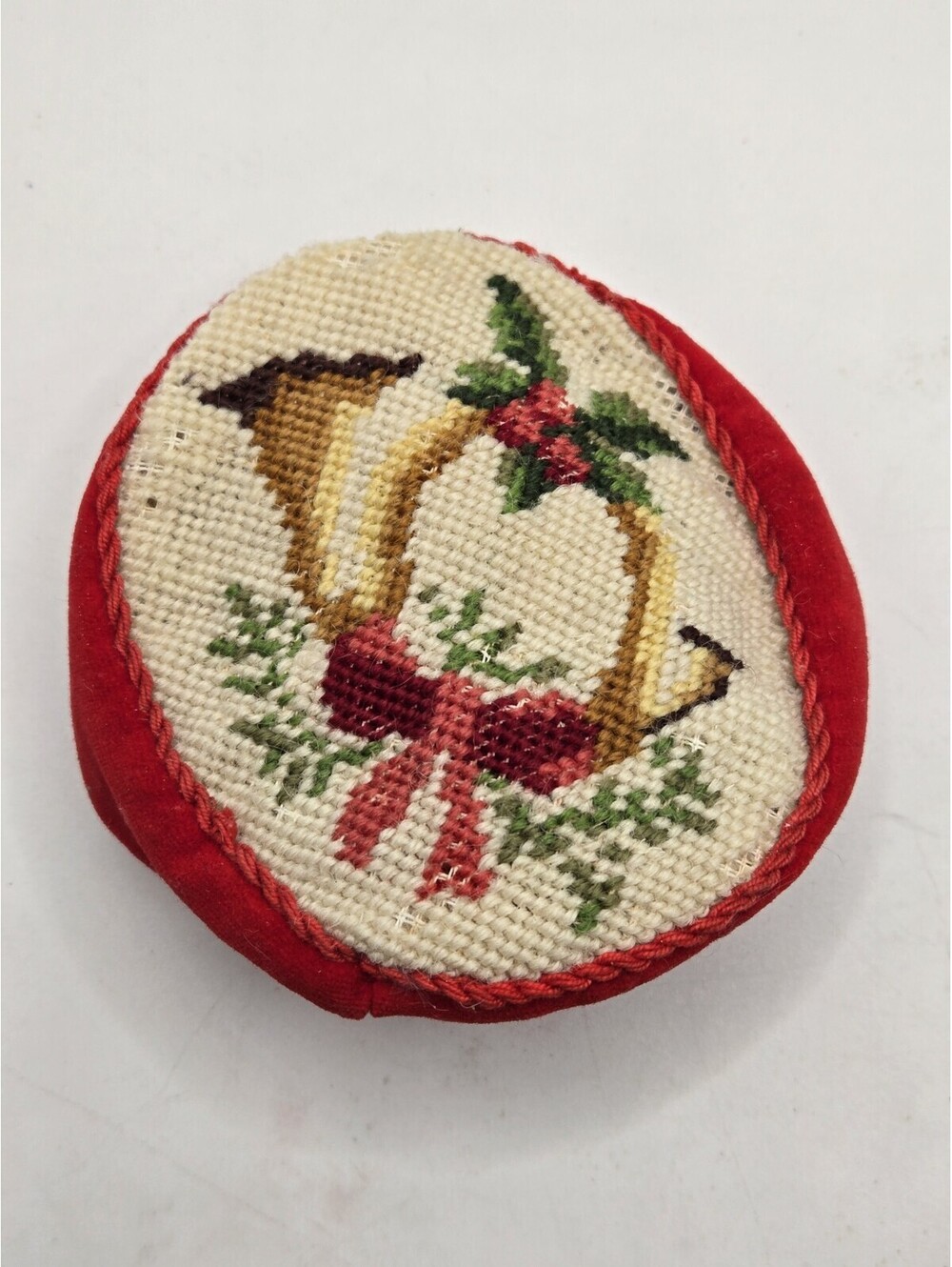 Vintage Needlepoint Christmas Door Knob Cover Red Velvet French Horn Holly Bow